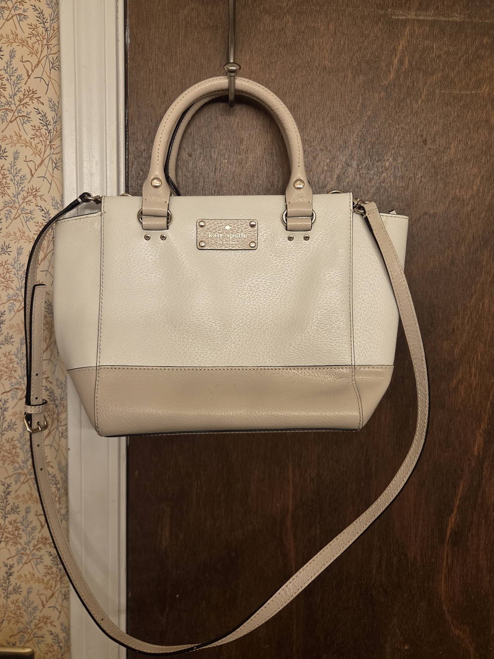 kate spade Two-Tone Ivory and Beige Leather Satchel with Crossbody Strap